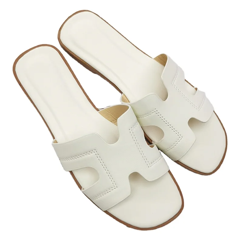 

Ladies Shoes Flat Casual Fashion H Belt Slipper Pu Leather Women Beach Oran Sandals Outdoor Casual One Thong Slipper, Picture