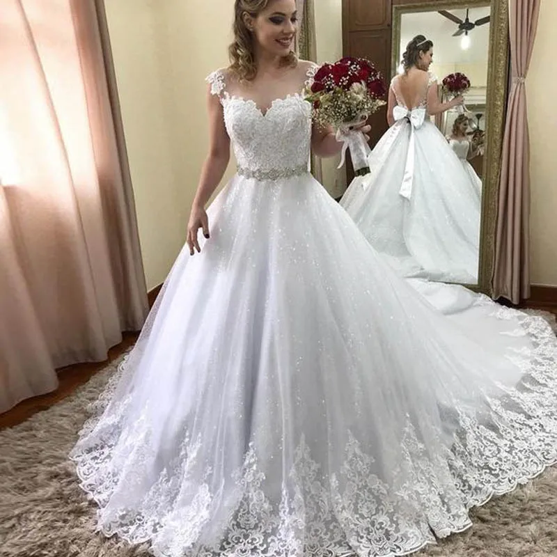 

FA221 Vestido De Noiva Stunning Sequined Lace Wedding Dress Backless Beaded Sash with Bow Bridal Gowns Plus robe mariee, Default or custom