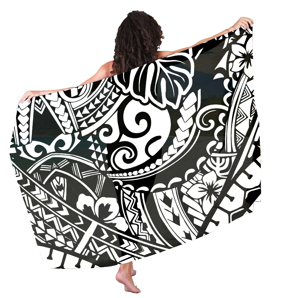 

Hawaii Tribal Chuuk Micronesia Black/White Pattern Beachwear Cover Ups Soft Beach Pareo Custom Sarong Wrap Swimwear for Women, Customized color