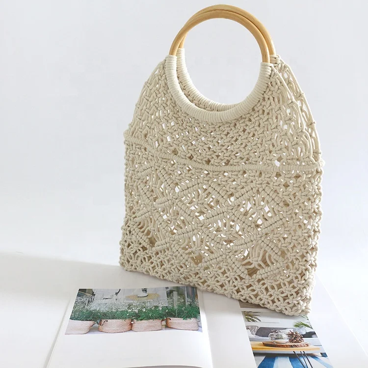

Fashionable lady OEM ODM summertime cotton string knitting bamboo Wristlet beach shopping handbag