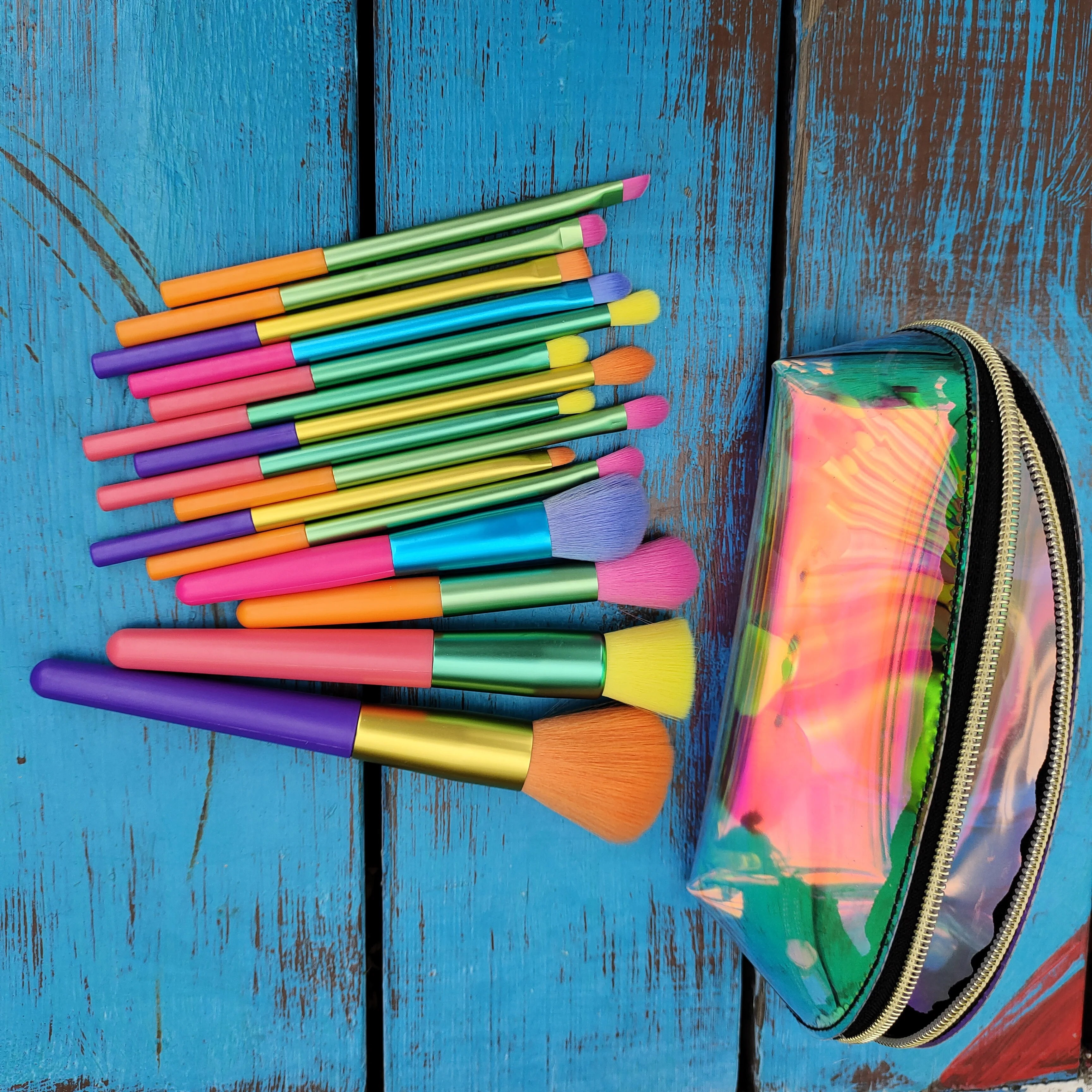 

new products 5 stars reviews 15 pcs neon makeup brush set free sample custom logo no logo colorful makeup brushes, Colorful handle