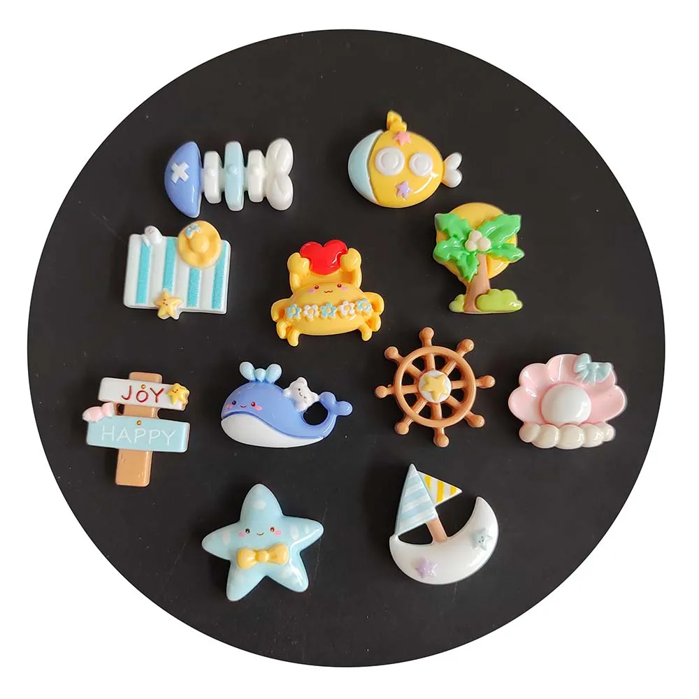 Mini Ocean Series Resin Accessories Home Decorations Swim Ring Crab Shell Boat Dolphin Starfish Ocean World Animals Flatback Ca