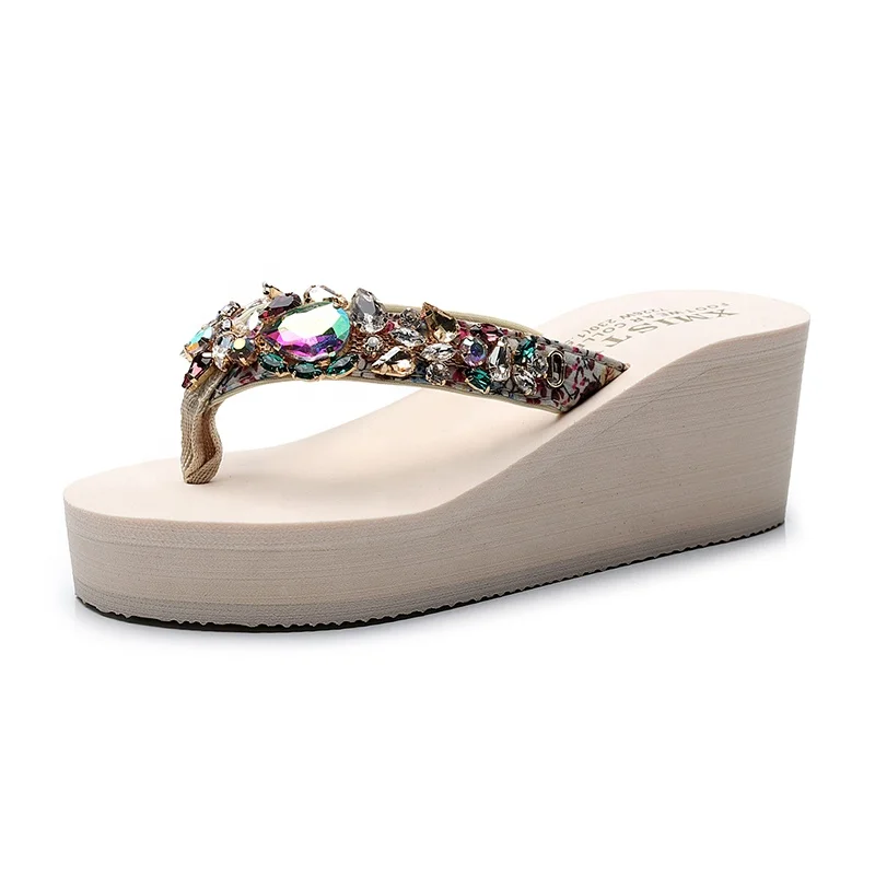 

Women's rhinestone fashion summer wedge slippers flip flops