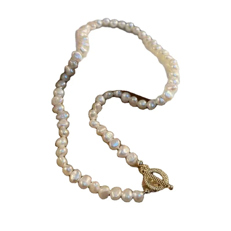 

French vintage baroque shaped freshwater pearl clavicle chain necklace bracelet OT buckle choker thin collar