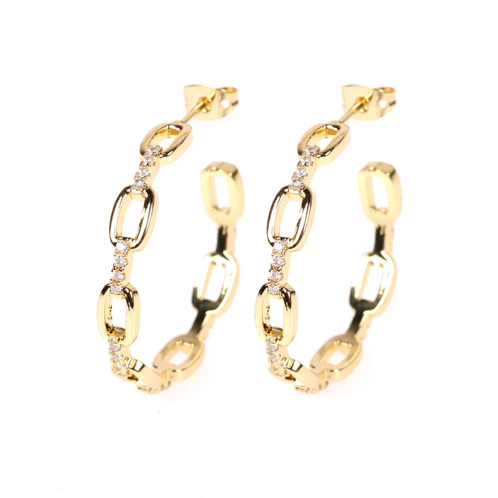 

2021 New Arrival Real Gold Plating Cubic Zircon C Shape Stud Earrings for Women Zircon Curb Chain Large Circle Hoop Earrings