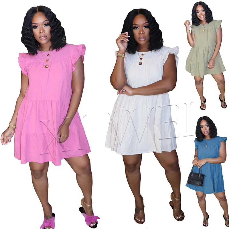 

2021 summer latest design women's solid color cake skirt 100%cotton Ruffles sleeveless dress