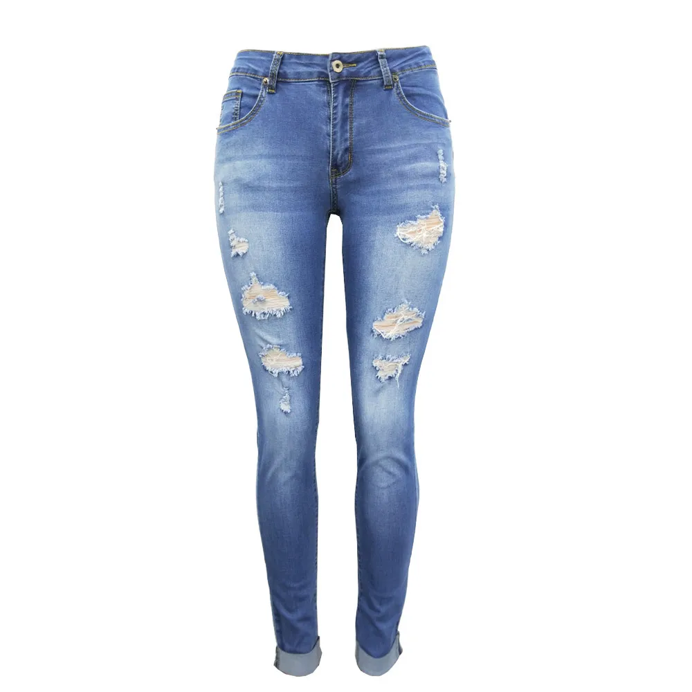 

European large women's skinny light series 9-point hole jeans, As picture
