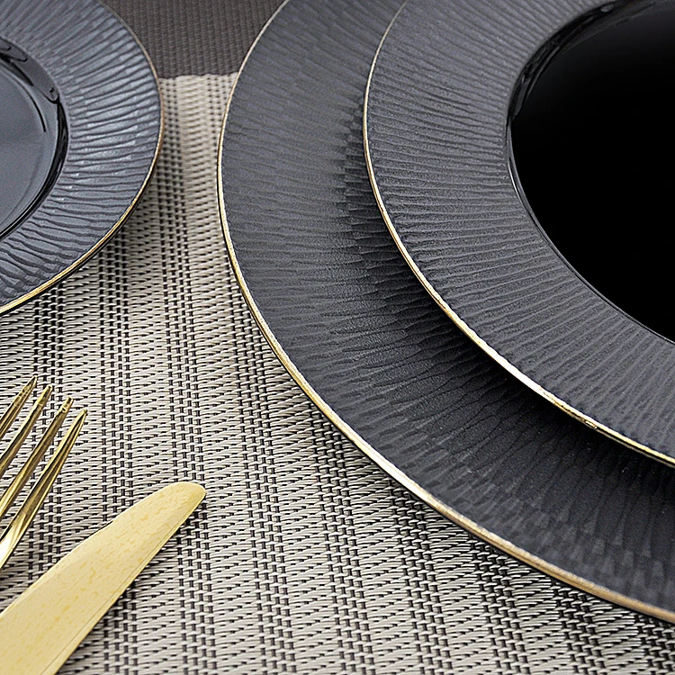 
P&T Royal Wholesale Matt Black Horeca Porcelain Gold Rim Embossing Ceramic Dinner Plate Crockery Restaurant Dinnerware P&T Royal Wholesale Matt Black Horeca Porcelain Gold Rim Embossing Ceramic Dinner Plate Crockery Restaurant Dinnerware