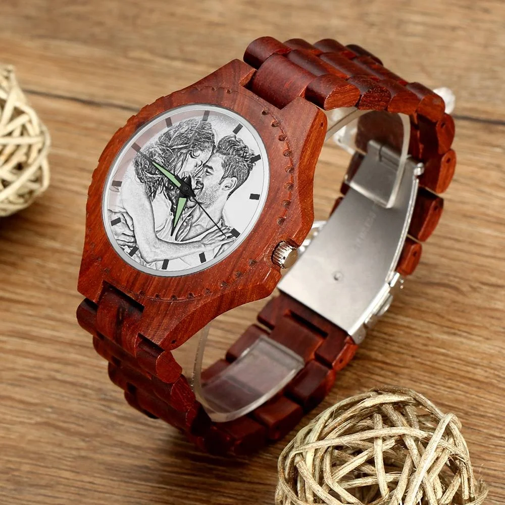 

48mm Custom Picture Hand Watch Wood Grain Strap Jam Tangan Kayu Wooden Watches For Men, Red sandalwood