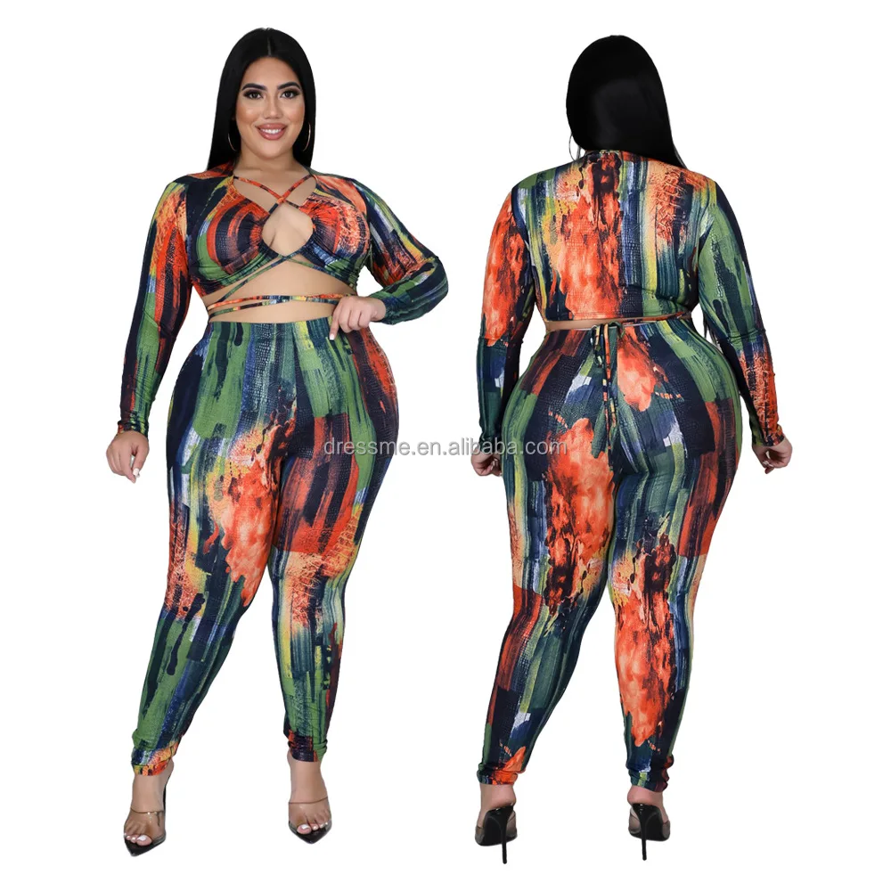 

MT145-0213 2021 wholesale women's autumn new 4XL plus size fat girl sexy printing long-sleeve trousers suit two piece pants set