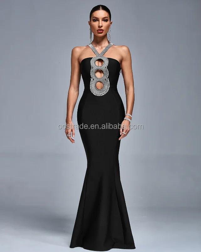 Elastic Bandage Halter Backless Maxi Evening Dress