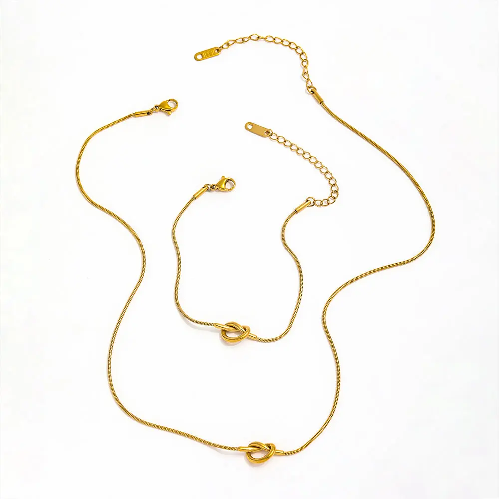 Joolim Stainless Steel 18K Gold Plated Knot Pendant Dainty Snake Chain Necklace Trendy Fashion Jewelry Wholesale Bracelet Set