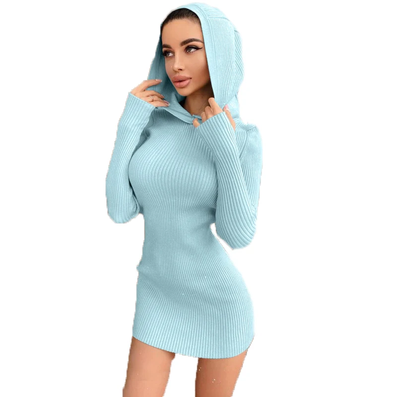 

Solid Color Long Sleeve Bodycon Hooded Mini Dress Fall Winter Knitted Hoodie Dress Women 2021