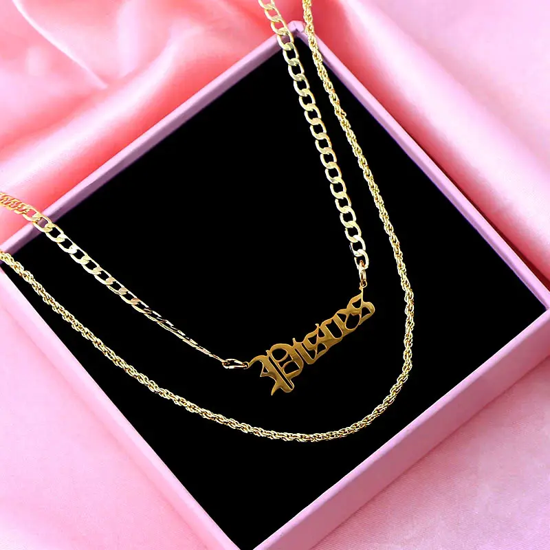 

2020 New Trendy Vintage Jewelry 12 Zodiac Pisces Pendant Gold Color Multilayer Twisted Chains Letter Chokers Necklace For Women