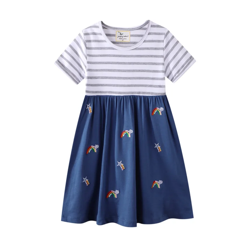 

Girl Short Sleeve Casual Rainbow Tee Dress Summer Cotton Outfit, Blue