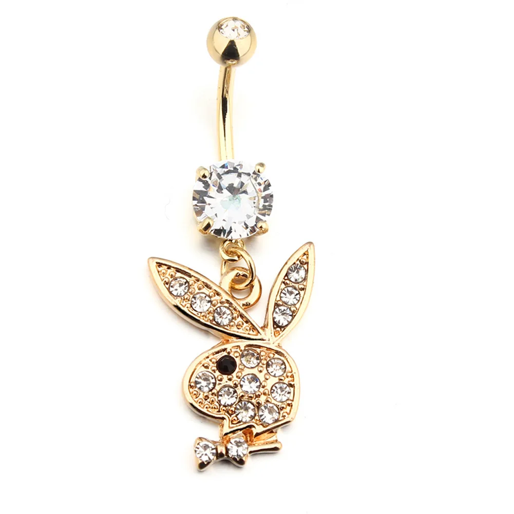 

316L Steel Piercing Bekky Button Rings Bling Crystal Cute Rabbit Navel Belly Button Rings For Girls, As picture