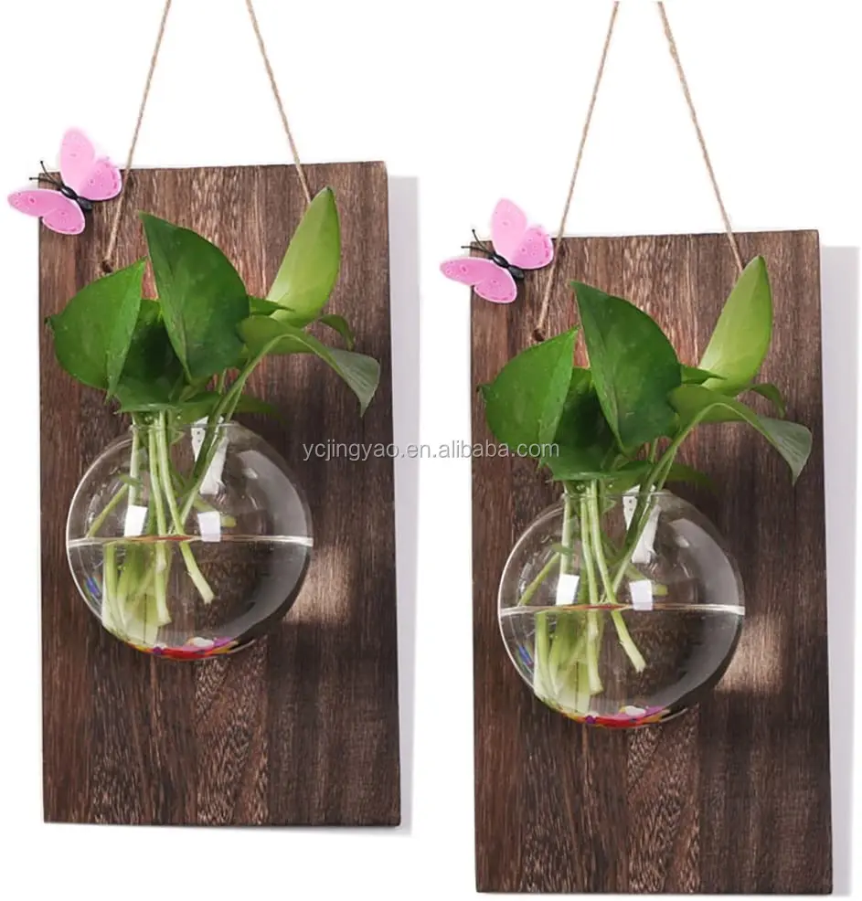 

Wall Glass Hanging Planter with Wooden Board for Wall Background Decoration for Propagating Hydroponic Plants Home Garde Wedding, Clear