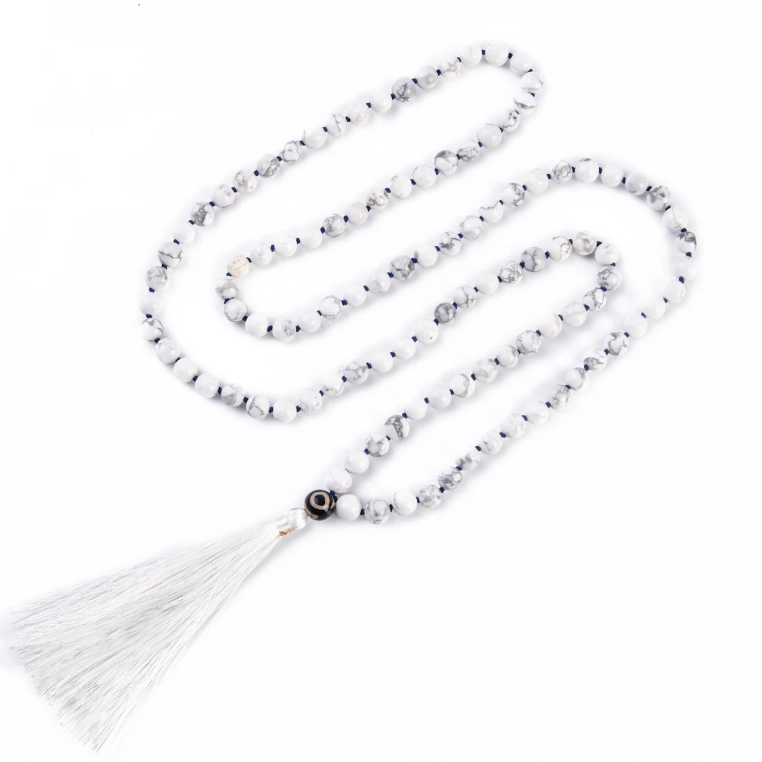 

108 Mala Beads Necklace Howlite Beads Stone Meditation Necklace Hand Knotted Beaded Tassel Necklace