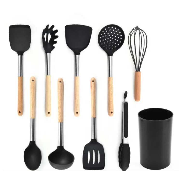 

9Pcs Silicone Cooking Kitchen Utensils Set with Holder, Wooden Handles BPA Free Non Toxic Silicone Turner Tongs Spatula Spoon