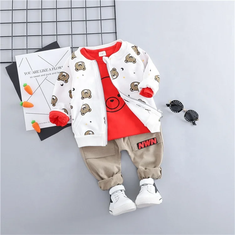 

three pieces of boy set that is boys pant coat set in bear pattern, As picture