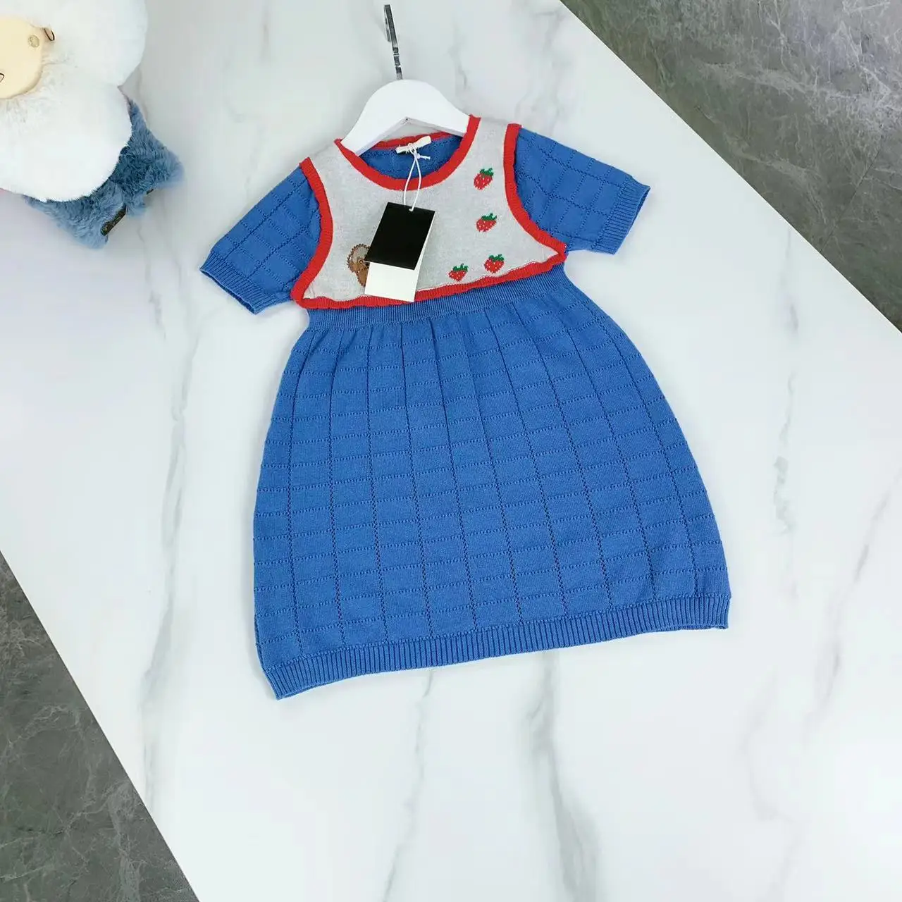 

High end Girl Beautiful Clothes 2022 Summber New Fashion Letter Embroidered Short Sleeve Knitted Baby GirlsDress Boutique Gift