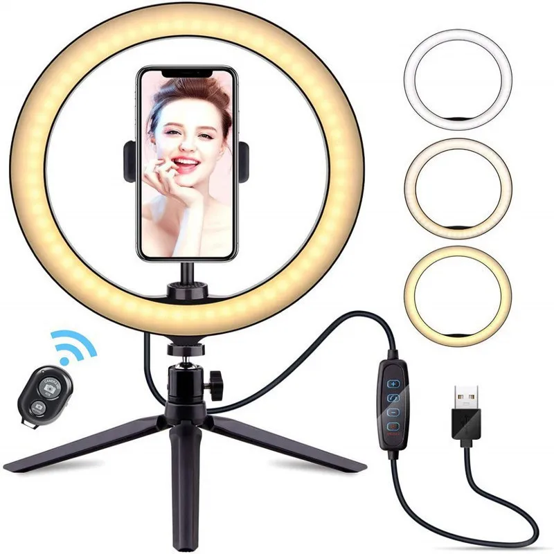 

10Inch 3 Modes 10 Brightness Levels 3000K-6000K Table Top 120Leds Ring Light with Tripod Stand and Phone Holder for Makeup Video