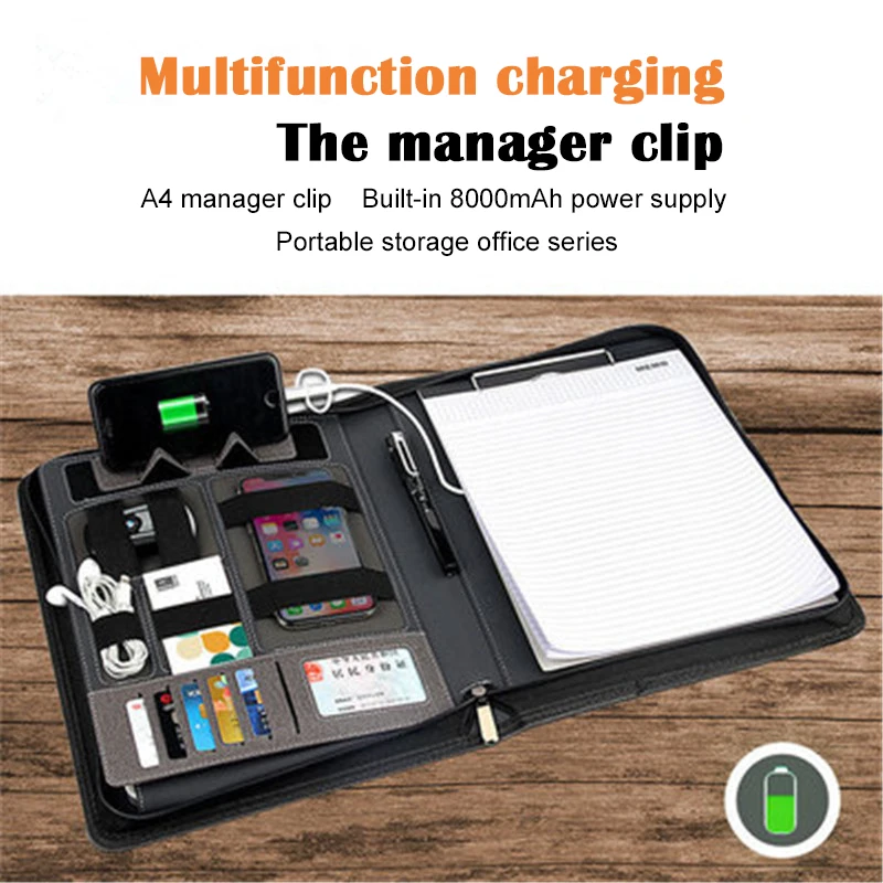 Customized a4 file with portable power charging notebook multi-function manager folder