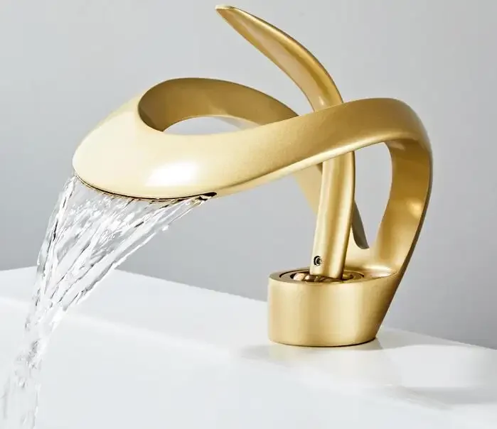 

New Brass Material Creative Art Design Basin Faucet Mixer Gun Grey Bathroom Waterfall Faucet Tap Champagne Gold Sink Tap Mixer