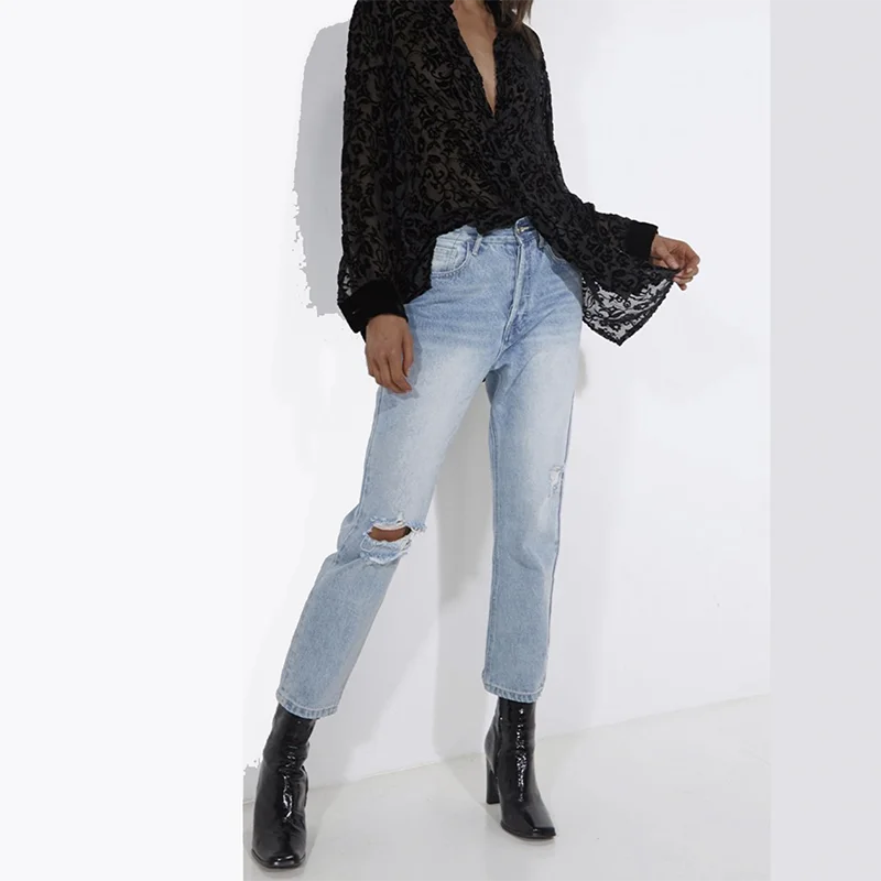 

In stock Boyfriend mom styles Knee ripper Light blue women's jeans