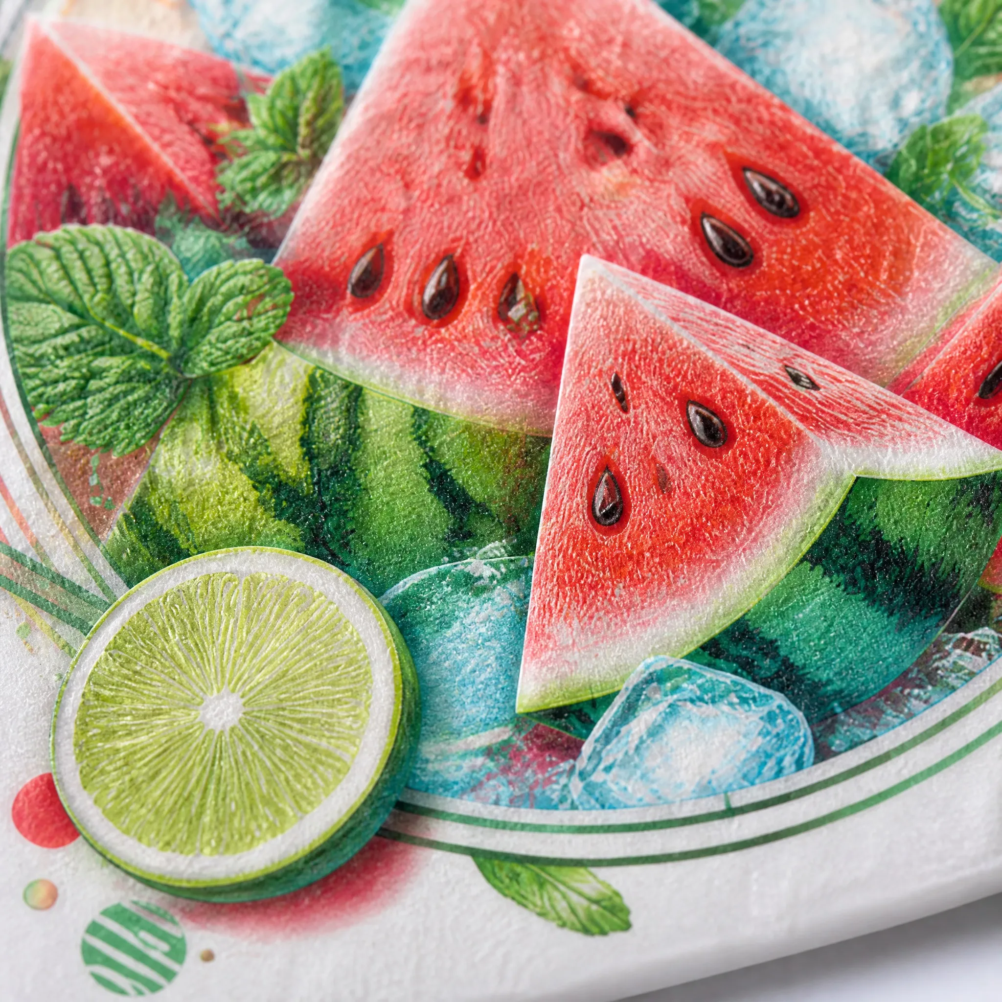 4K Macro Close-up of Watermelon Pulp Grain, Seeds, Lime Segments, and Frosty Ice Cubes
