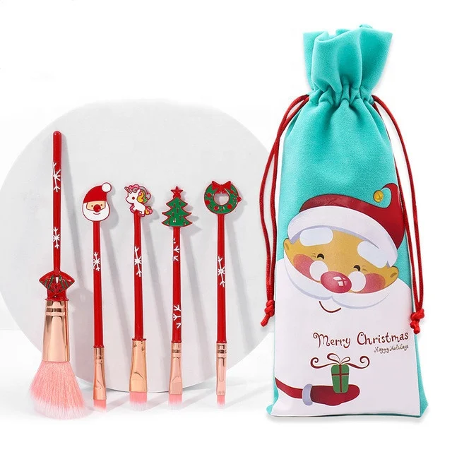 

BEAU FLY 5pcs Christmas Makeup Brushes Reindeer Snowman Powder Cosmetic Brush Set, Red