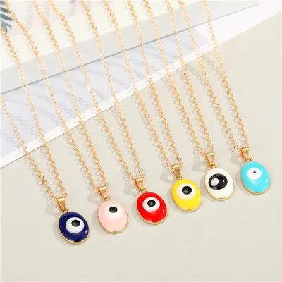 

Hot Sale Candy Colors Resin Oval Eyes Pendant Necklace Oil Dripping Geometric Evil Eyes Necklace For Women