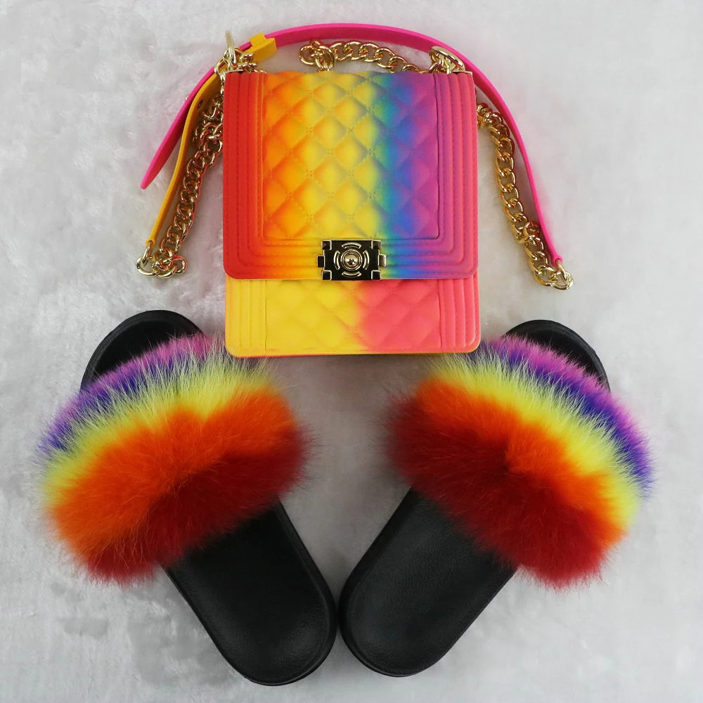 

Hot sale fashion girls jelly PVC purse set rainbow faux fox plush fur slipper and bag set women matching slippers and bag set, Customized color