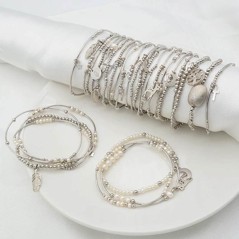 

2021 trendy euro jewelry women 925 sterling silver beads natural fresh water pearl bracelets
