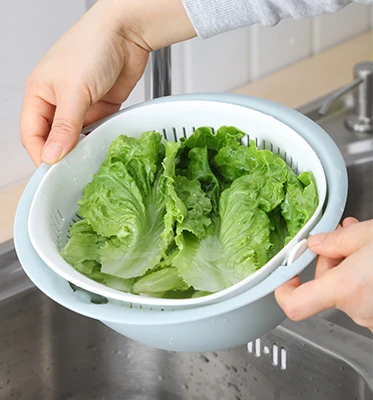 

Kitchen Double Layer Rotatable Plastic Washing Bowl Wheat Straw Drain Water Filter Basket