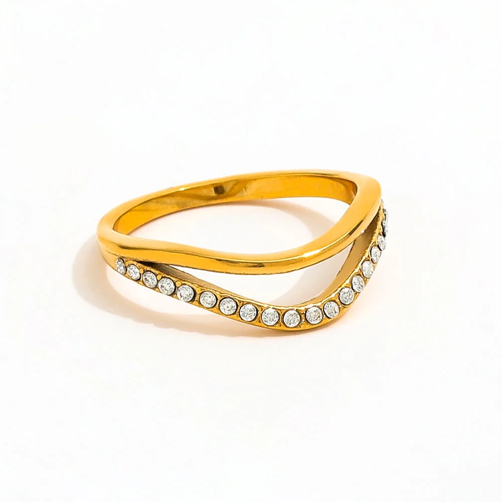 Joolim High End 18K Gold Plated Double-layer Dainty Zirconia Half Paved Waved Stainless Steel V Ring for Women