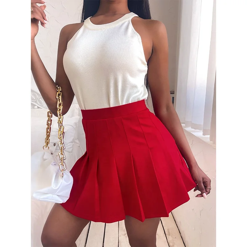 

KX-H10747 New style back zipper fly high waist a line solid tennis skirt pleated mini skirt women