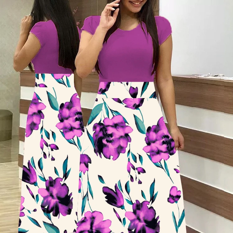 

2021 European and American style flower print color matching Short Sleeve Dress, 6colors