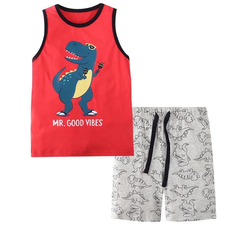 

China Kids Clothing Wholesale Boys Summer New Products Cute Cartoon Sleeveless T-Shirt and Shorts Set, 2 colors