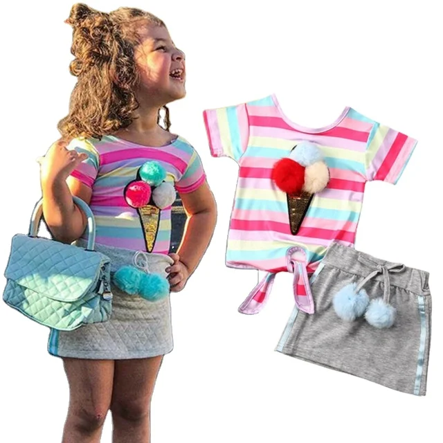 

2 PCS Toddler Girl Clothes Set Rainbow Stripe Top T-shirt Mini Skirt Set Baby Summer Clothing 1-6 Years, 4 colors