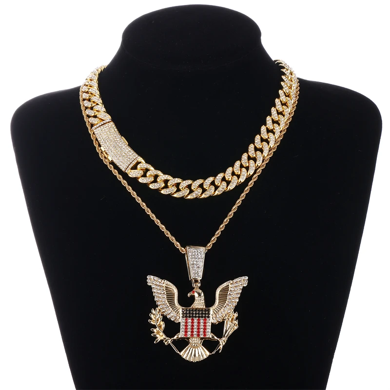 

Hot Sale Flag Iced Fancy Fashion Full Drill Alloy Jewelry Bling Bald Eagle Pendant with cuban Chain Necklace Set