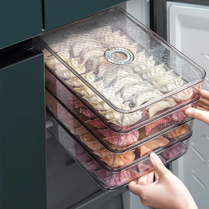 

3 boxes 1 lid Transparent PTE refrigerator fresh storage dumpling box Multi-functional refrigerator storage box