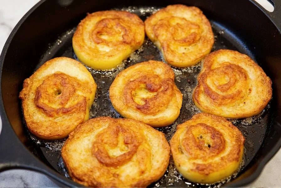 Perfectly caramelized fried cinnamon apples in cast iron skillet with golden brown color and visible cinnamon specks