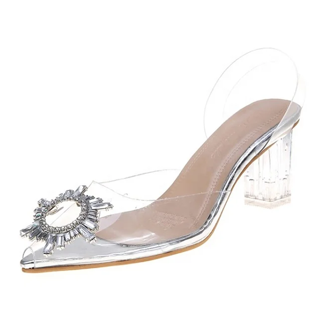 

PVC Clear Glass Chunky Heel Slingbacks Women Crystal Sunflower Sandals Back Strap Dress Pumps Shoes