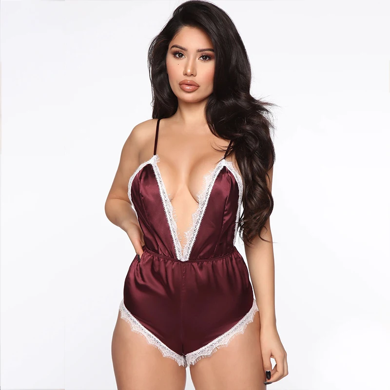 

Sexy Summer Bodysuit Pajamas for Women Sleeveless Siamese Lingerie Satin Sexy Women Solid Color Deep V Lingerie Teddy Baby doll, Customer's require