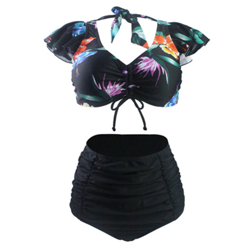 

2021Plus size swimwear Printed swimsuit sexy bikini high waist triangle split two-piece swimsuit, Black nude