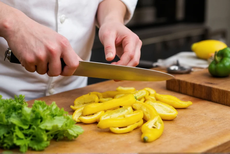 Chef slicing fresh banana peppers for culinary preparation with recipe ingredients