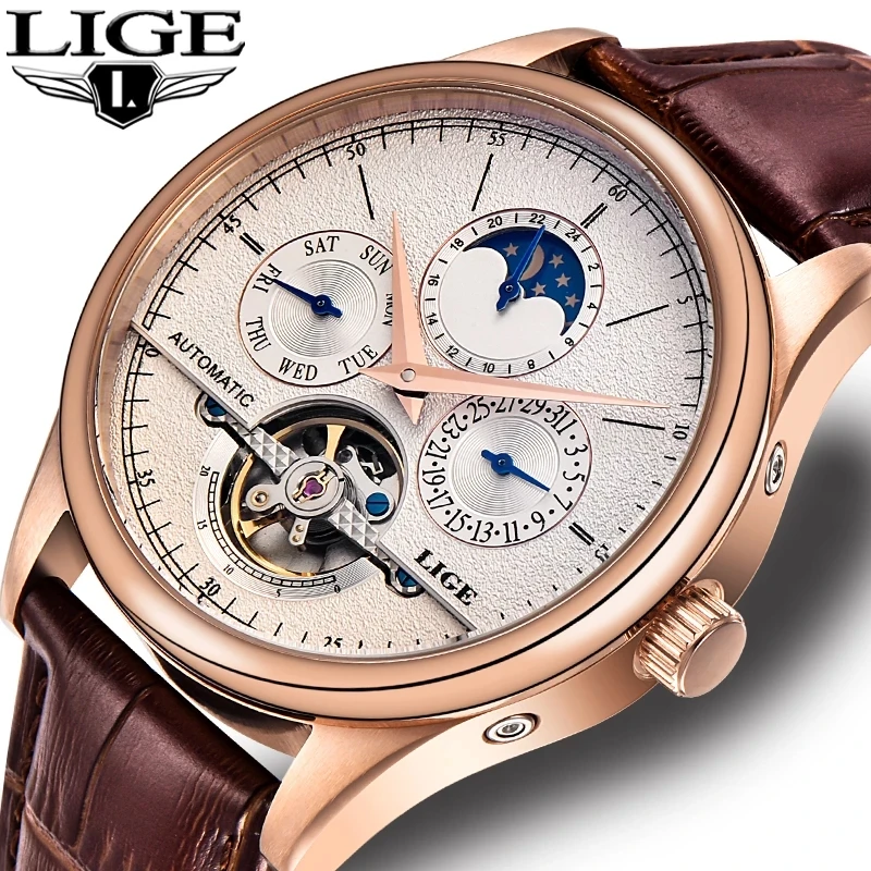 

Lige 6826 Tourbillon Mechanical Chrono Waterproof Leather Strap Luxury Automatic Wristwatches Men Watches