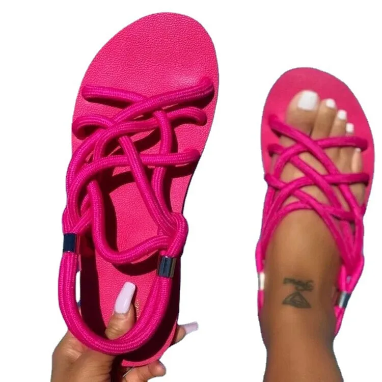

2021 Hot sell woman solid colors braided rope beach open toe gladiator non-slip flip flop flat sandals, Picture
