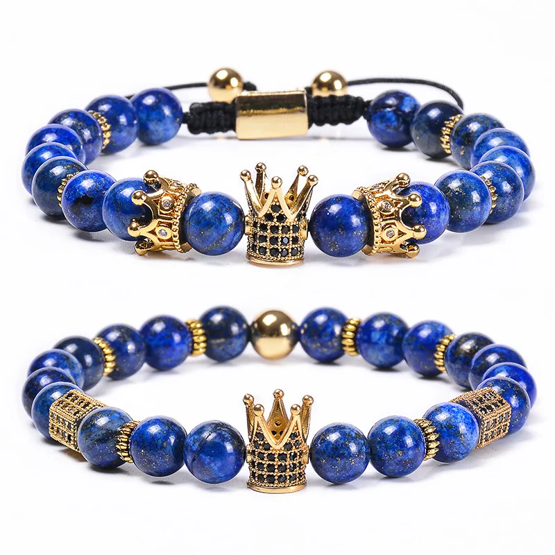 

Best Selling 2Pcs/Set Natural 8mm Lapis Lazuli Zircon Crown Charm Bracelet Adjustable Lapis Lazuli CZ Crown Macrame Bracelet